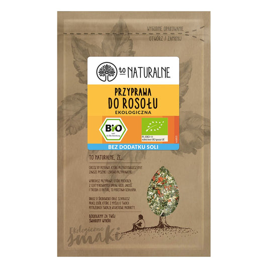 Bio Brühe Gewürz von TO NATURALNE, 20g, mit natürlichen Kräutern und Gewürzen, in einer Verpackung mit dem Produktnamen.