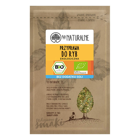 Bio-Fischgewürz von TO NATURALNE, 20g, mit Kräutern und Gewürzen, ideal für Fischgerichte, in einer transparenten Verpackung.