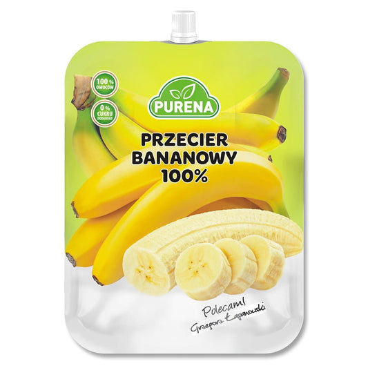 Bananenpüree von PURENA, 350g, zeigt ein Glas mit frischem, reifem Bananenpüree auf weißem Hintergrund.