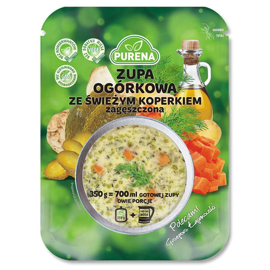Gurkensuppe mit frischem Dill in einem weißen Teller, PURENA 350g, cremige kalte Suppe mit frischen Gurken und Dill.