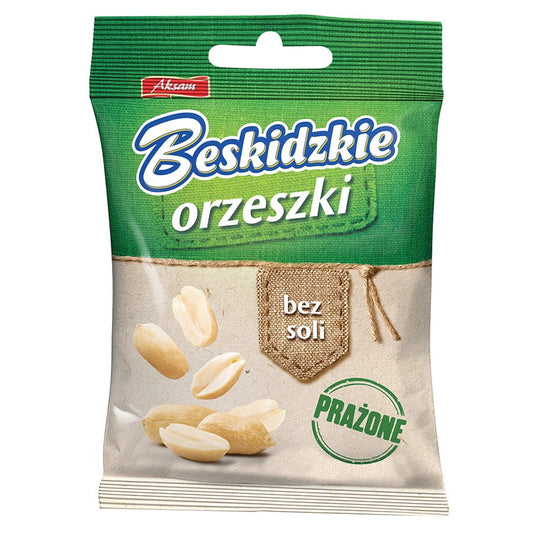 Geröstete ungesalzene Erdnüsse von BESKIDZKIE in einer 70g Verpackung, sichtbar in der Abbildung.