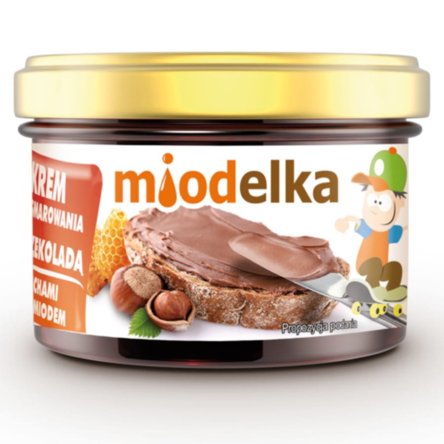 Schokoladencreme mit Nüssen und Honig von MIODELKA, 220g, cremige Nuss-Honig-Schokoladencreme in Glas.