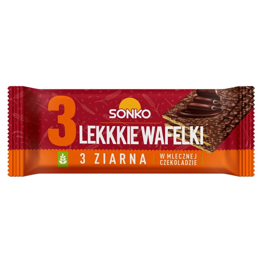 Leichte Waffeln mit 3 Körnern in Milchschokolade von SONKO, 36g, knusprige Snacks in Verpackung.