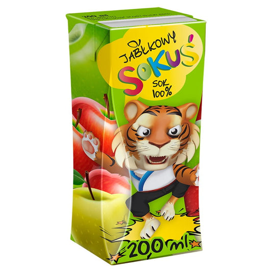 Apfelsaft 200ml von SOKUŚ in einer transparenten Flasche, frisch und naturbelassen, sichtbar im Bild.
