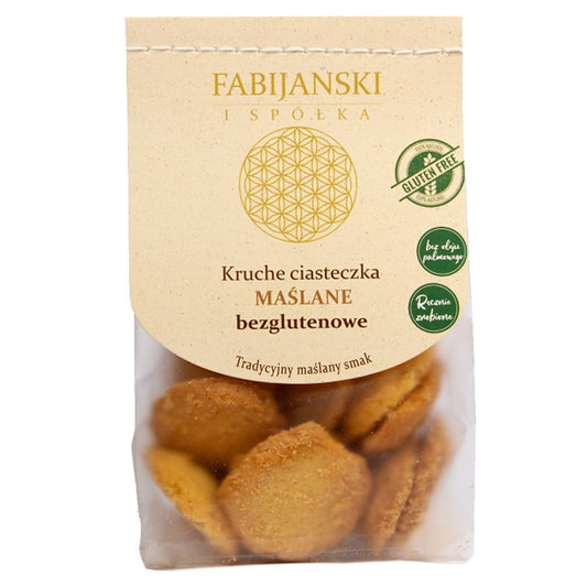 Bio-Butterkekse von FABIJAŃSCY, 100g, knusprige Butterkekse mit natürlichem Geschmack auf einem weißen Teller.