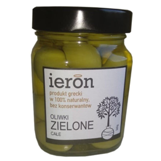 Grüne Oliven mit Stein von IERON in einer transparenten Packung, frisch und saftig, 360g.