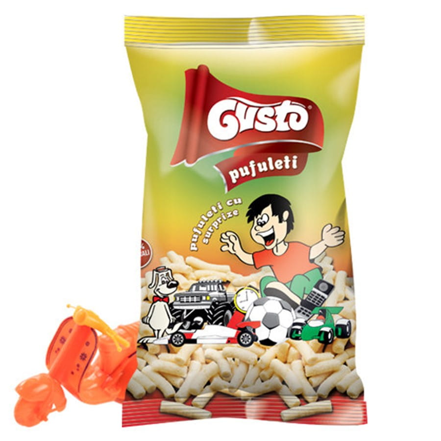 Maischips von GUSTO PUFULETI, 60 g, natürliche Maischips mit Überraschung, knusprig und lecker, in der Verpackung.