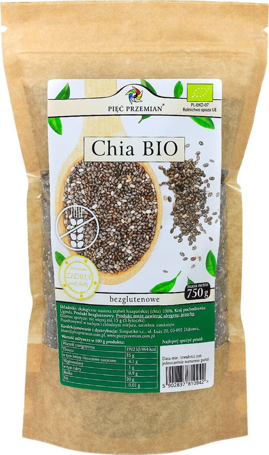 Bio Chiasamen von PIĘĆ PRZEMIAN in 750g Packung, nährstoffreiche Samen für gesunde Ernährung, sichtbar in der Verpackung