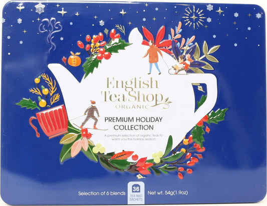 Verschiedene Bio-Weihnachtstees in einer Kobaltdose, 6 Geschmacksrichtungen, von ENGLISH TEA SHOP, mit Teebeuteln.