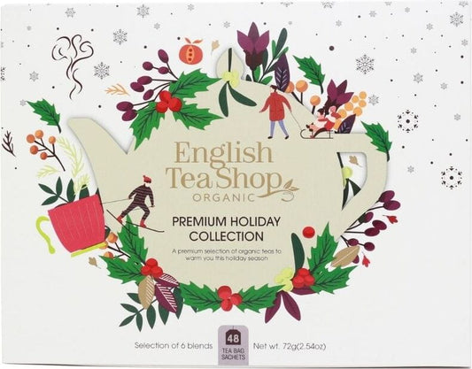 Weiße Weihnachtstee-Sammlung mit 6 Bio-Geschmacksrichtungen, 48 Teebeutel, von ENGLISH TEA SHOP, in einer dekorativen Verpackung.