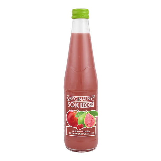 Glas mit 330 ml Guaven- Johannisbeersaft und Apfel, 100% Fruchtsaft, von BIURKOM FLAMPOL