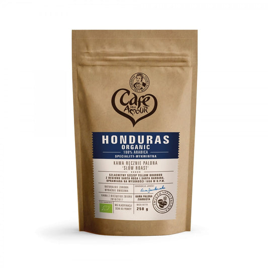 Geröstete Kaffeebohnen von CAFE MON AMOUR, Honduras, 250g, frisch und aromatisch, Nahaufnahme der Kaffeebohnen.
