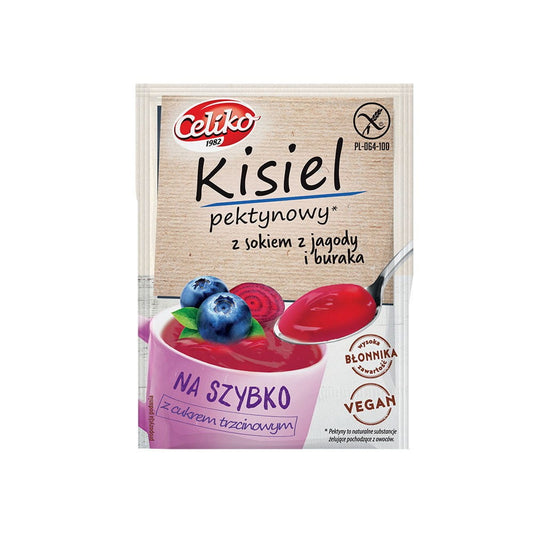 Quick Kissel mit Beeren- und Rote-Bete-Saft von CELIKO, cremiger Fruchtpudding in Becher, mit Beeren und Rote Bete.