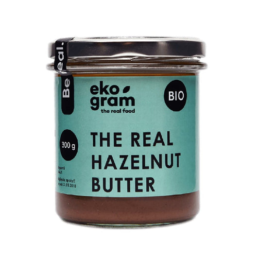 Bio-Haselnusspaste von EKOGRAM-THE REAL FOOD in 300 g Glas, cremige Haselnusscreme aus kontrolliert biologischem Anbau