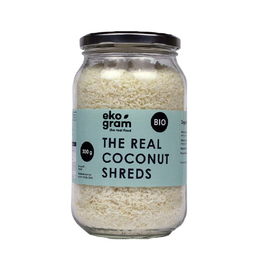 Bio Kokosraspeln von EKOGRAM-THE REAL FOOD in 300 g Packung, fein geraspelt, für Backen und Kochen.