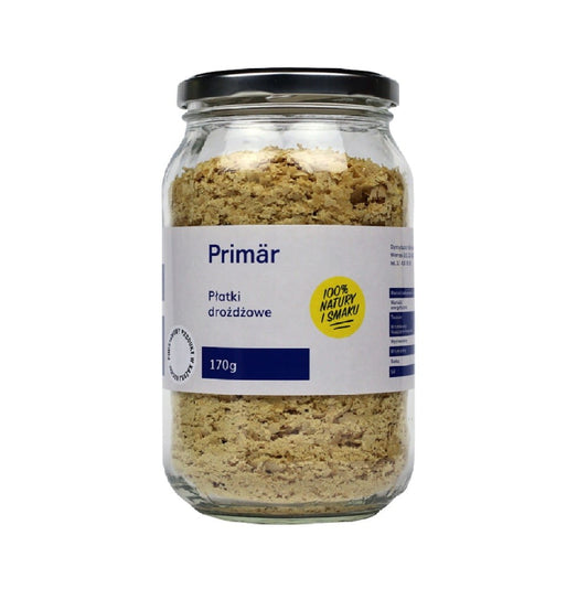 Hefeflocken von EKOGRAM-THE REAL FOOD, 170 g, in einer transparenten Schüssel auf weißem Hintergrund.