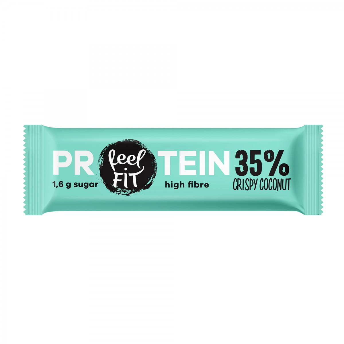 Knuspriger FEEL FIT Proteinriegel mit 35% Kokosnuss, 40 g, neben Verpackung mit Kokosnussstücken.