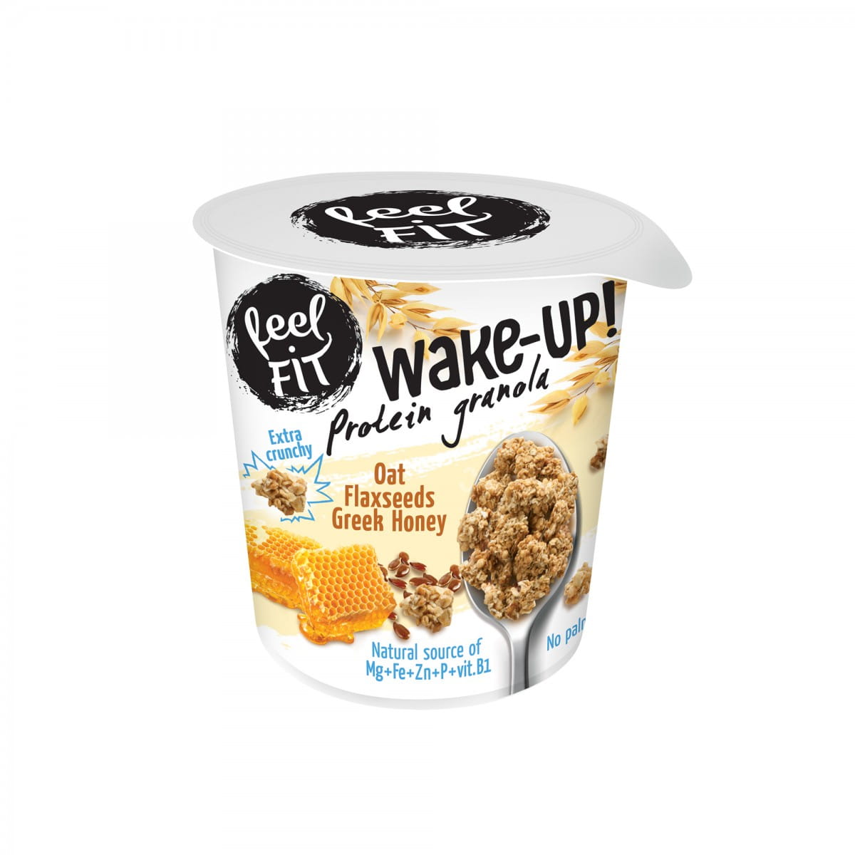 Protein Müsli Hafer Honig und Leinsamen von FEEL FIT, 70 g, mit Haferflocken, Honig und Leinsamen in einer Schüssel
