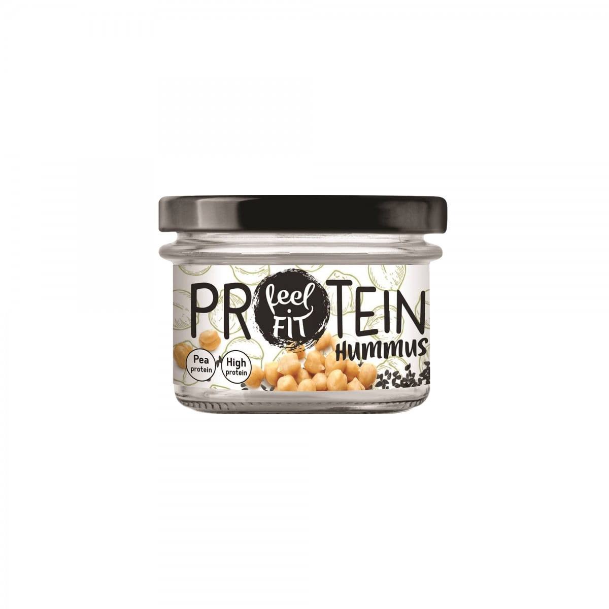 Protein-Hummus mit Schwarzkümmel und Erbsenprotein, 185 g, FEEL FIT, cremiger Hummus in einer Schale mit Schwarzkümmel und Erbsen.