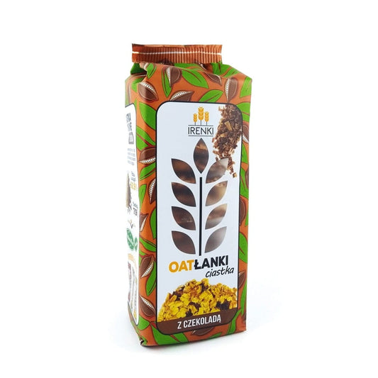 Haferkekse mit Schokolade von FOLLOW, 150 g, knusprige Kekse mit Schokoladenstückchen auf einem Teller.
