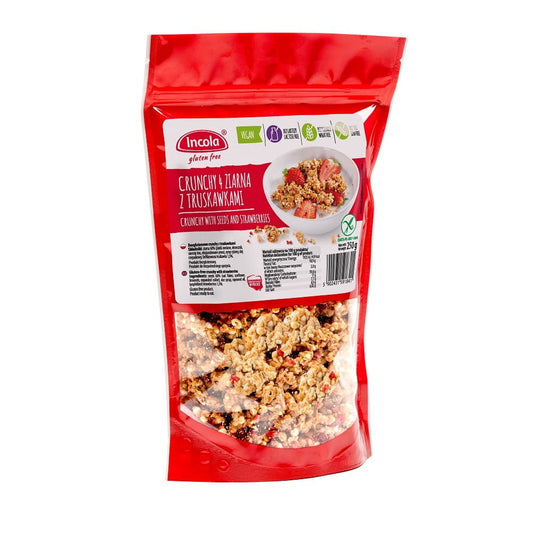 Knuspriges Crunchy 4 Körner Müsli mit Erdbeeren in 250 g Verpackung, GFS Poland, Nahaufnahme