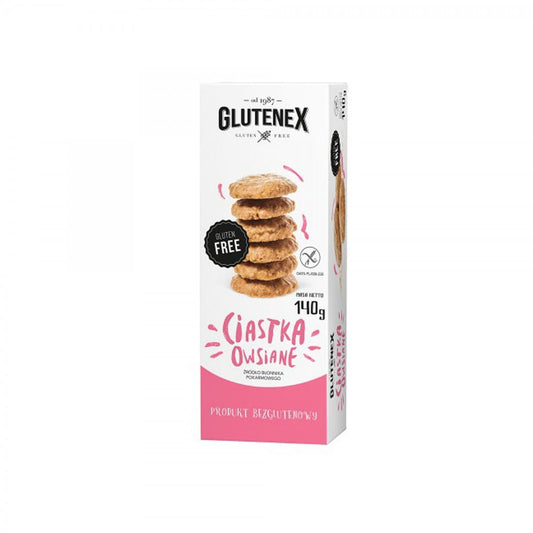 Glutenfreie Haferkekse von GLUTENEX, 140 g, mit knuspriger Textur und Haferflocken, auf einem weißen Teller angerichtet.