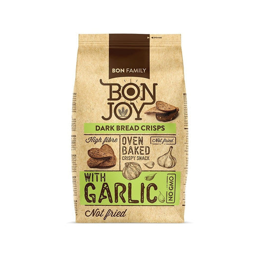 Knoblauch-Brotchips von GUDOBELE in 50 g Packung, knusprige Snacks mit aromatischem Knoblauchgeschmack, auf der Verpackung liegend