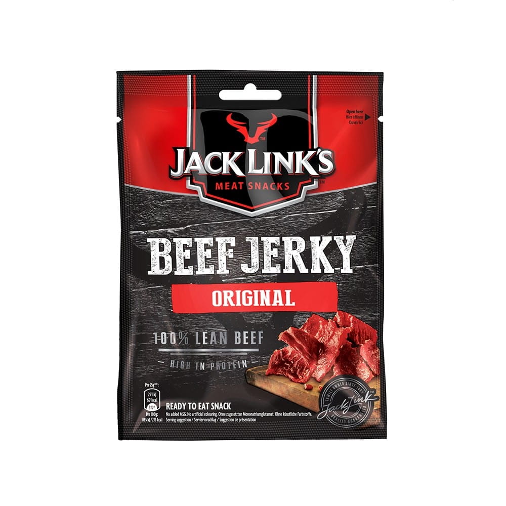 Geräucherte Rindfleischstücke von JACK LINK'S, getrocknet, ursprünglich 25 g, saftig und aromatisch, auf Bild sichtbar.