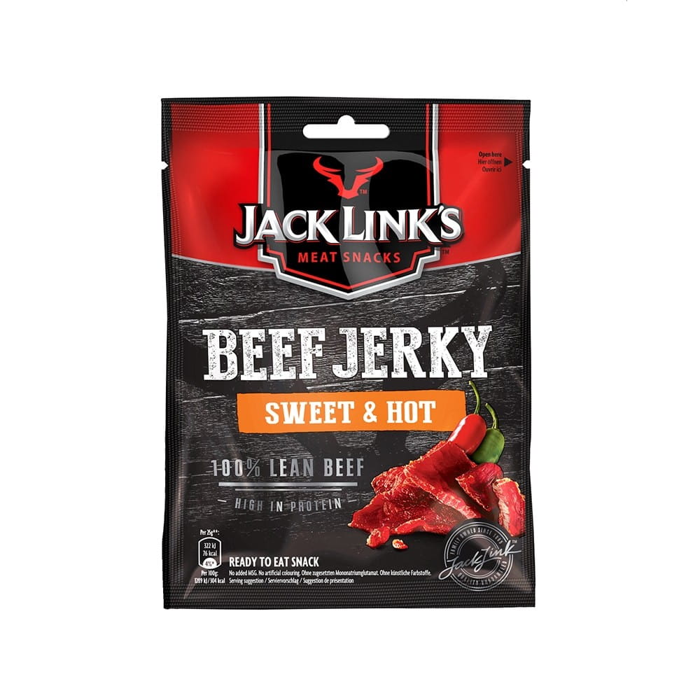 Geräucherte, getrocknete Rindfleischstücke von JACK LINK'S, süß und scharf, 25 g, Nahaufnahme der würzigen Fleischstücke