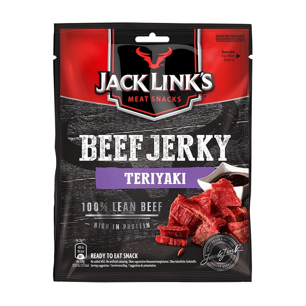 Getrocknete und geräucherte Rindfleischstücke von JACK LINK'S, Teriyaki-Geschmack, 70g, saftige Fleischstücke in natürlicher Präsentation