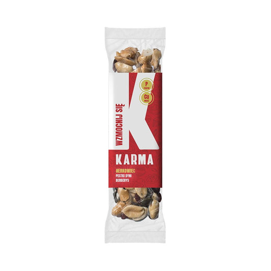 Cashewriegel mit Apfel und Berberitze von KARMA BARS, 40 g, zeigt die Verpackung und den Riegel mit Nüssen und Früchten.