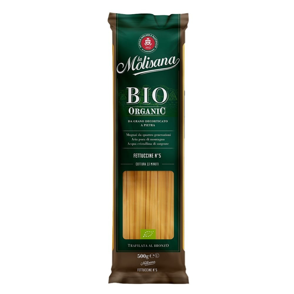 Spaghetti Nudeln Nr. 15 BIO von LA MOLISANA, 500 g Packung, trockene italienische Pasta auf einem Teller serviert