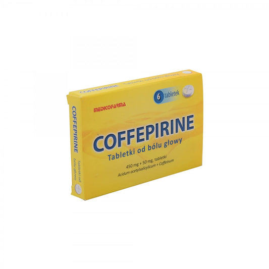 MedicoFarma Coffeepirin gegen Schmerzen, 6 Tabletten, Nahaufnahme der Packung mit Tabletten und Verpackungsdesign