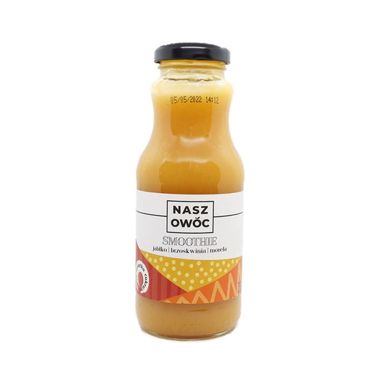 Frischer Apfel-, Pfirsich- und Aprikosensmoothie in 250 ml Flasche von NASZ OWOC, cremige Fruchtmischung, natürliche Fruchtfarben