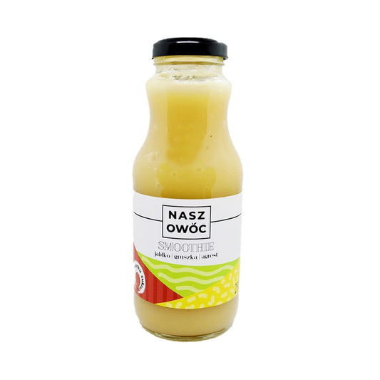 Frischer Apfel-, Birnen- und Stachelbeer-Smoothie in 250 ml von NASZ OWOC, zeigt das frisch zubereitete Getränk in einem Glas.