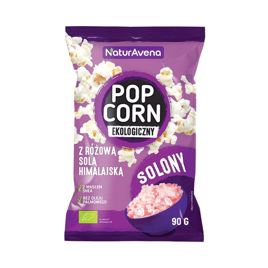 Bio gesalzene Popcorn mit rosa Himalaya-Salz von NATURAVENA, knusprig und natürlich in 90 g Verpackung sichtbar