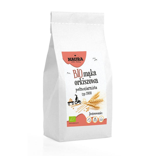 Dinkelvollkornmehl Typ 2000 BIO von NAURA in 1 kg Packung, feines braunes Mehl für Backwaren