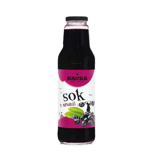 Aroniasaft in 750 ml Flasche von NAURA, dunkle rote Farbe, frisch und naturbelassen, ideal für gesunde Ernährung.