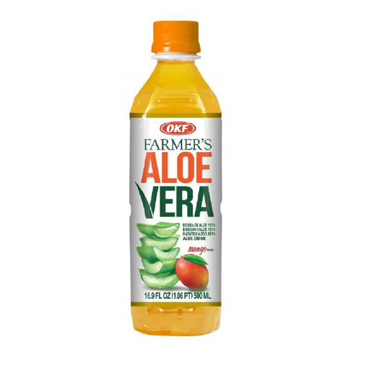 Natürliches Aloe Vera Getränk mit Mangopartikeln in 500 ml Flasche von OKF, erfrischendes Fruchtgetränk mit Aloe Vera