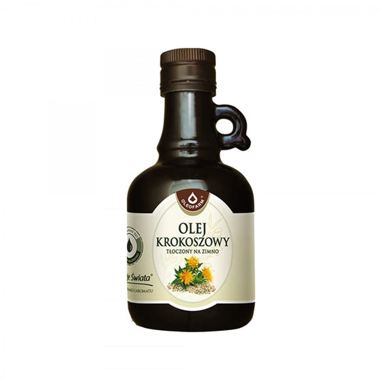 Kaltgepresstes Distelöl in 250 ml Flasche von OLEOFARM, flüssiges Bio-Öl mit goldener Farbe und naturbelassenem Aussehen
