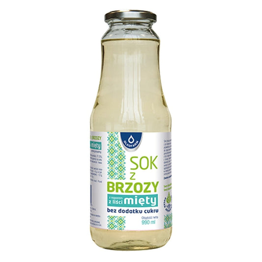 Birkensaft mit Minzezusatz, ohne Zucker, 990 ml, OLEOFARM, klare Flasche mit grüner Minzdeko.