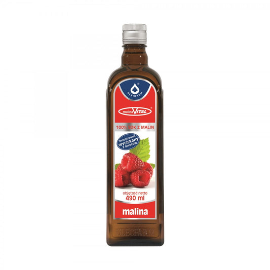 Himbeersaft 100% in 490 ml Flasche von OLEOFARM, frisch und fruchtig, zeigt die dunkle Himbeermischung in der Flasche