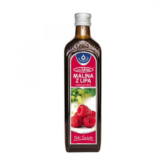 Himbeer- und Limettensirup in 250 ml Flasche von OLEOFARM, Nahaufnahme des Flaschenhalses und Etiketts