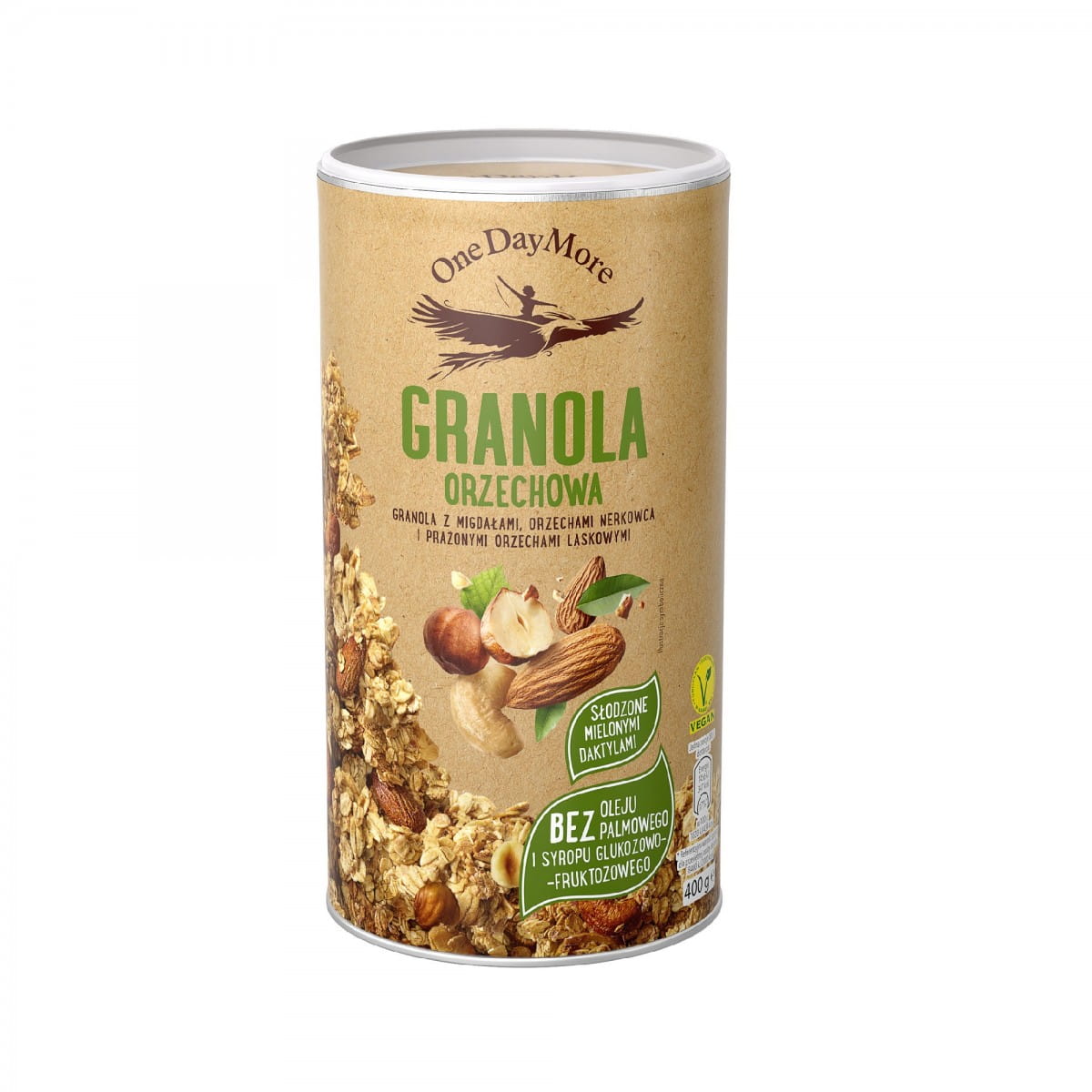 Knusprige Nuss-Granola mit Mandeln und Nüssen in 400 g Packung, von ONEDAYMORE, mit Haferflocken und getrockneten Früchten