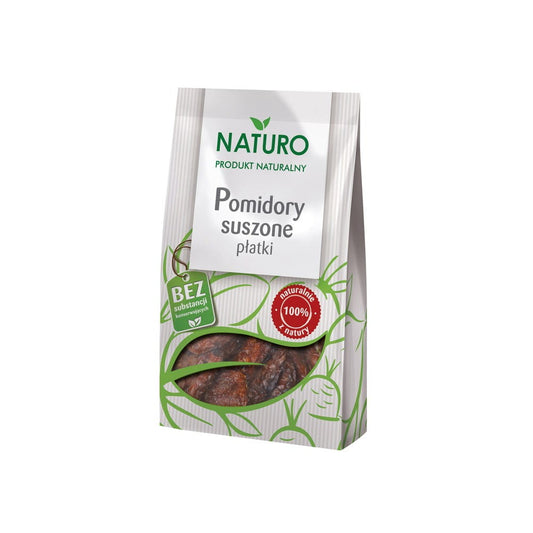 Getrocknete Tomaten von NATURO in 30 g Packung, detailreiche Nahaufnahme der getrockneten, roten Tomaten.