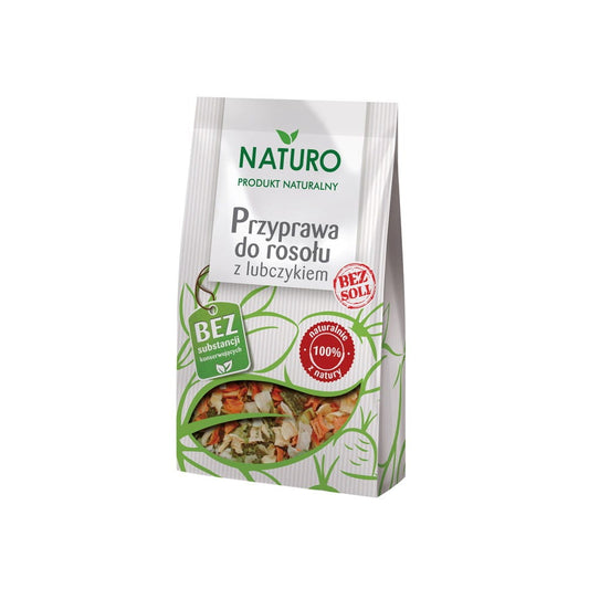 Brühenwürze mit Liebstöckel von NATURO, 50 g, close-up auf der Verpackung, ideal für Suppen und Eintöpfe, natürliche Würze.