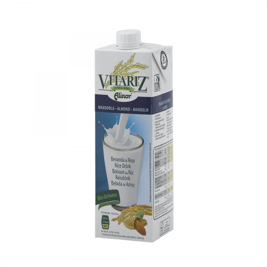 Bio-Reisgetränk mit Mandeln von VITARIZ in 1000ml Flasche, cremiges pflanzliches Getränk, sichtbare Flasche und Etikett