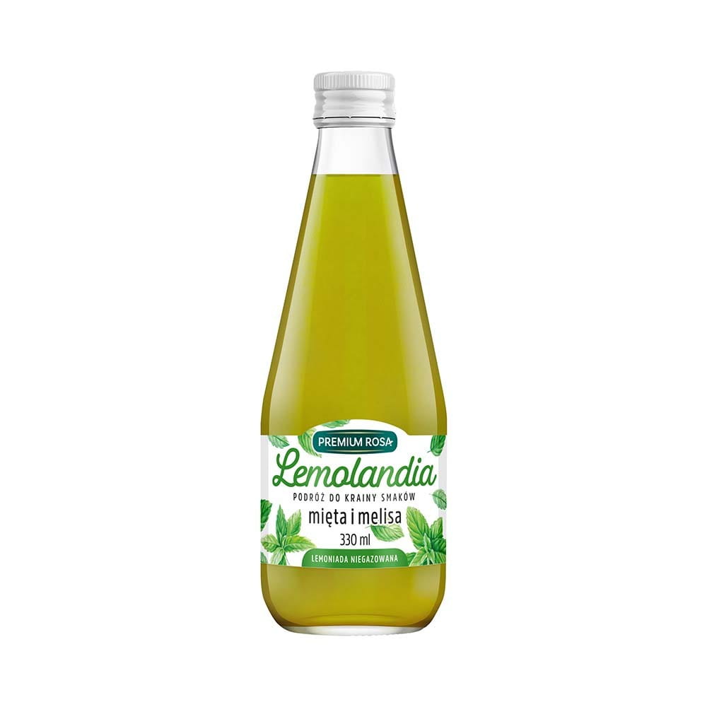 Erfrischende Limonade mit Minze und Melisse in einer 330 ml Flasche von PREMIUM ROSA, schäumend und spritzig.