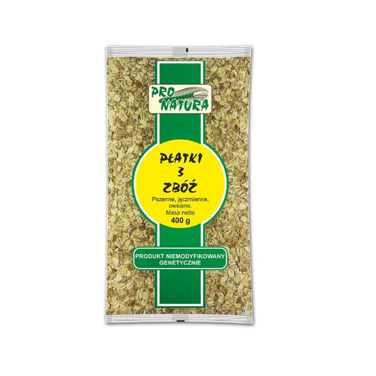 Vorratsbild von PRO NATURA Flocken 3 Cerealien, 400 g, mit bunten Getreideflocken in einer Schale.