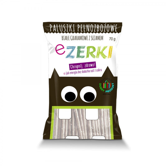 Graham Sticks mit Sesam von PROSTO GROUP, 70 g, knusprige Sesam-Grahamkekse auf einem weißen Teller.